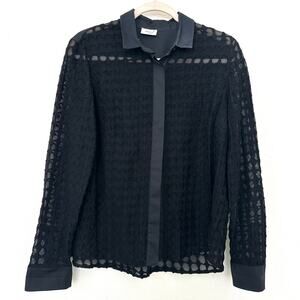 Akris Punto Black Mesh Dot Sheer Button-Up Shirt Size 10 Feminine Modern